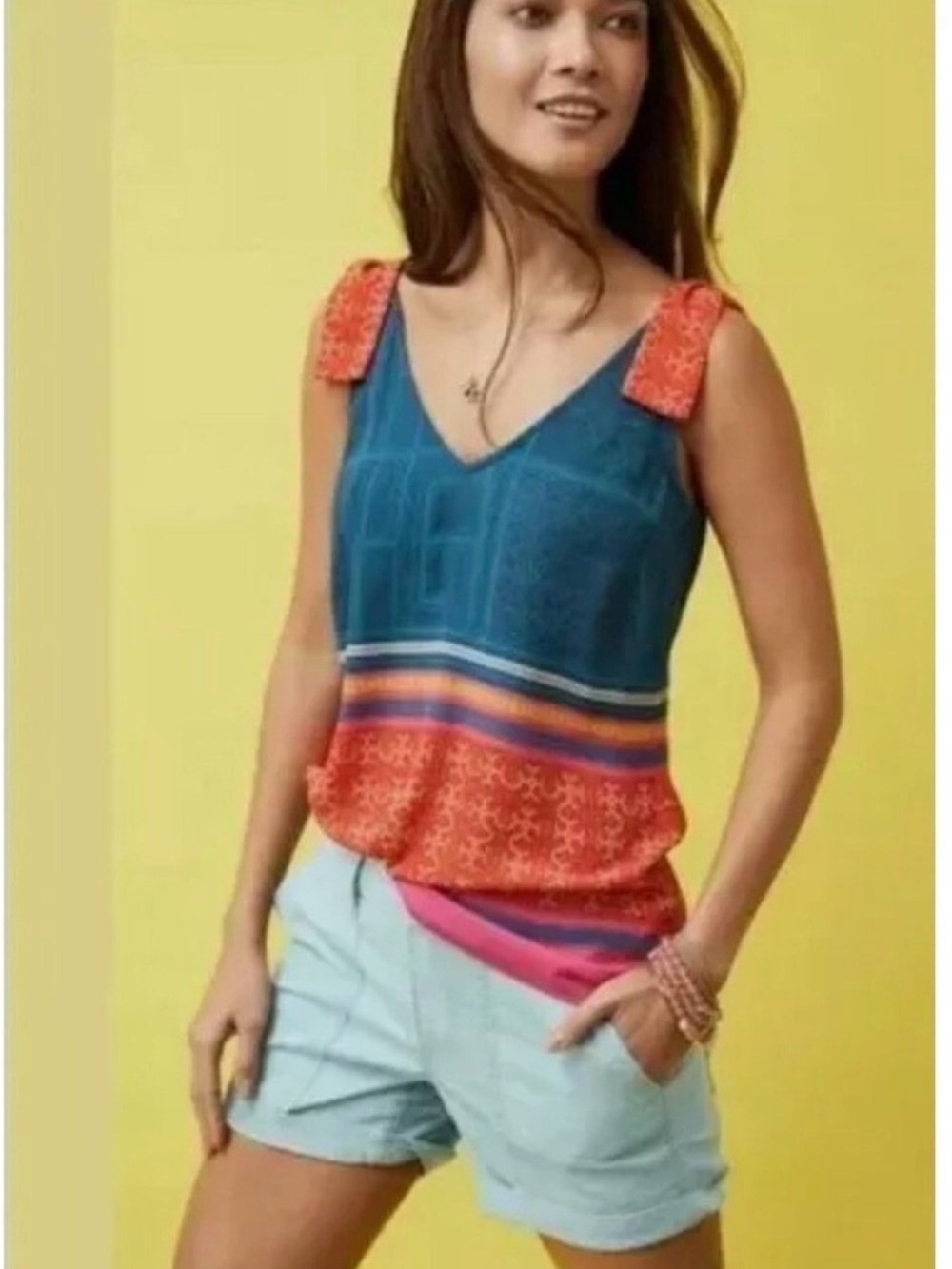 CAbi #5787 Teal and Coral Striped V-Neck Sleeveless Top